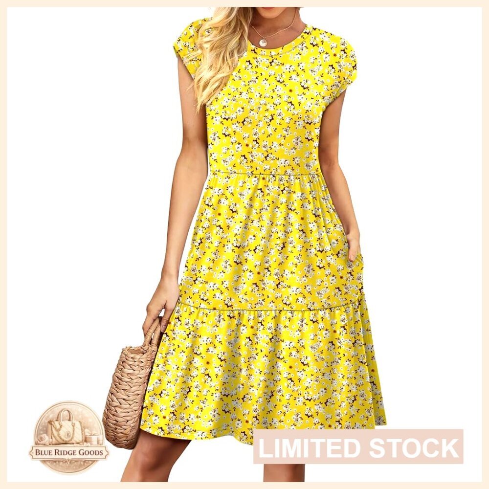 Floral Tiered Swing Dress Cap Sleeve Casual Sundress Beach Vacation Wear
